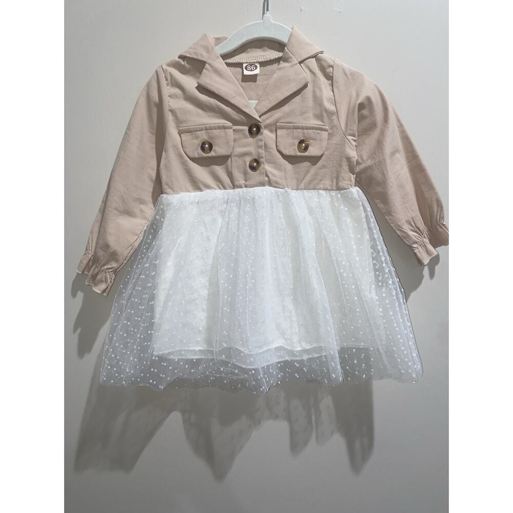 Baby Girl 18-24 Months Khaki Button Up Fall Winter Long Sleeve Dress White Mesh